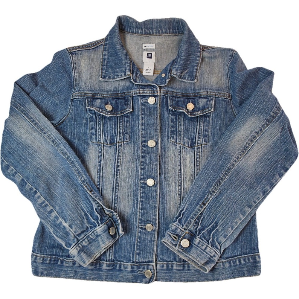 Gap Denim Jacket Women L Blue Stretch Classic Trucker Faded Wash Excellent